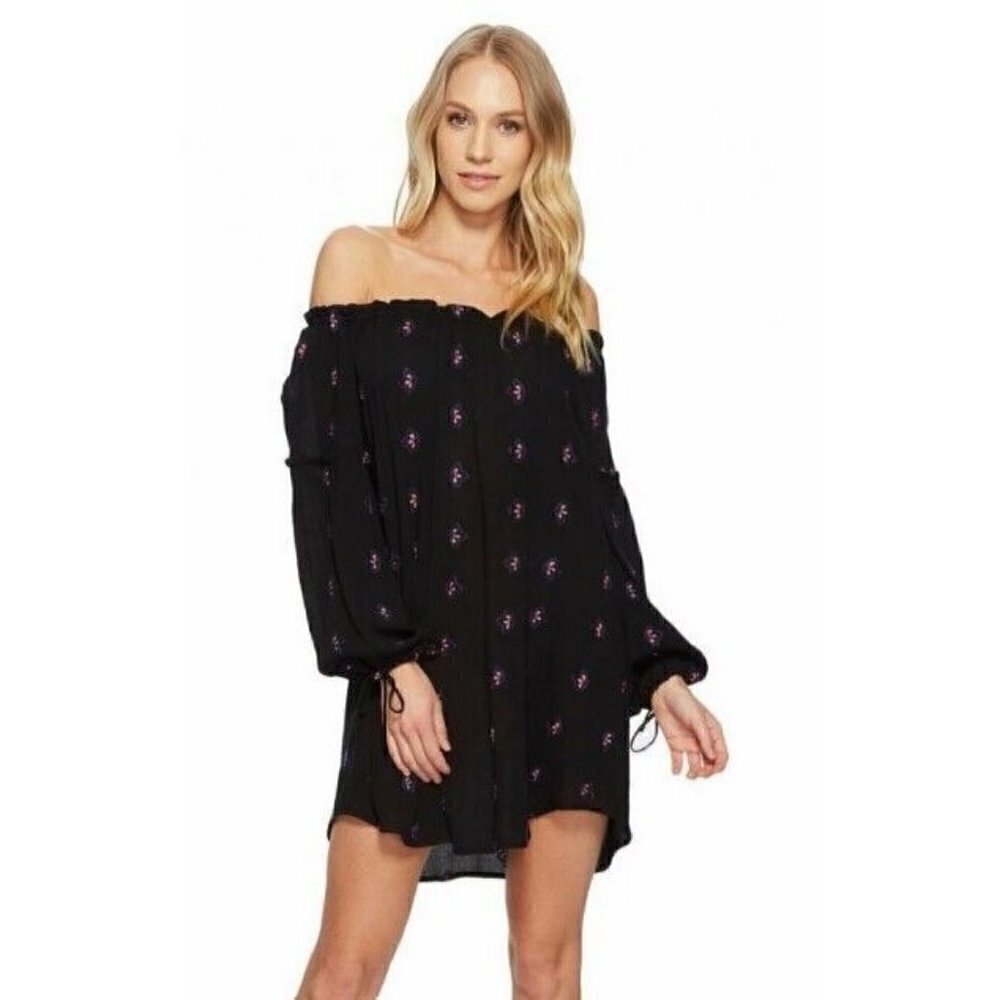 New Flynn Skye Bobby Mini Dress Womens L Flying Lotus Black Off the Shoulder